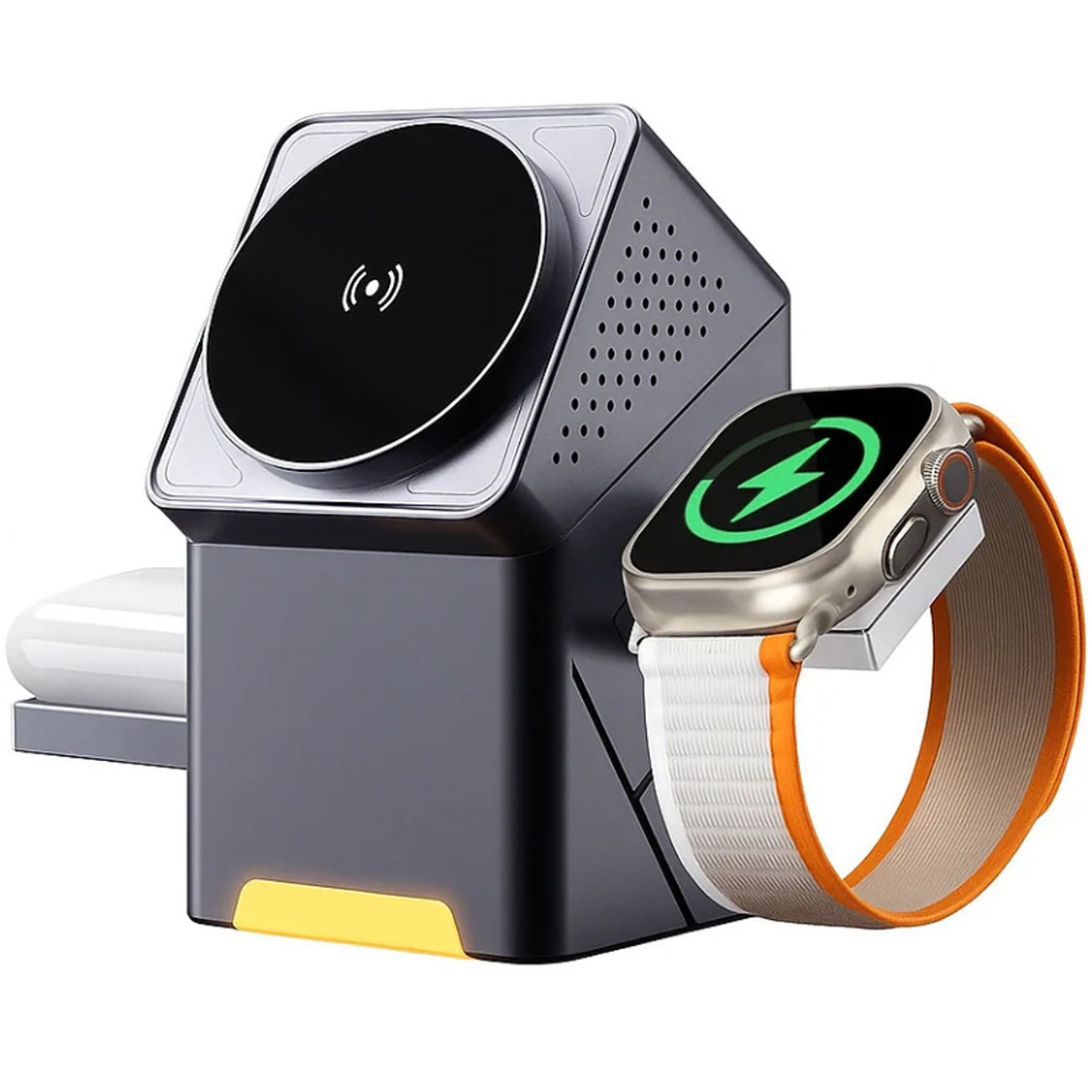 شارژر وایرلس 15 واتی مدل R7 با توان 15 وات، طراحی قابل چرخش 360درجه، سازگار با MagSafe و Qi برای شارژ همزمان گوشی، ساعت هوشمند و هدفون با ایمنی کامل.