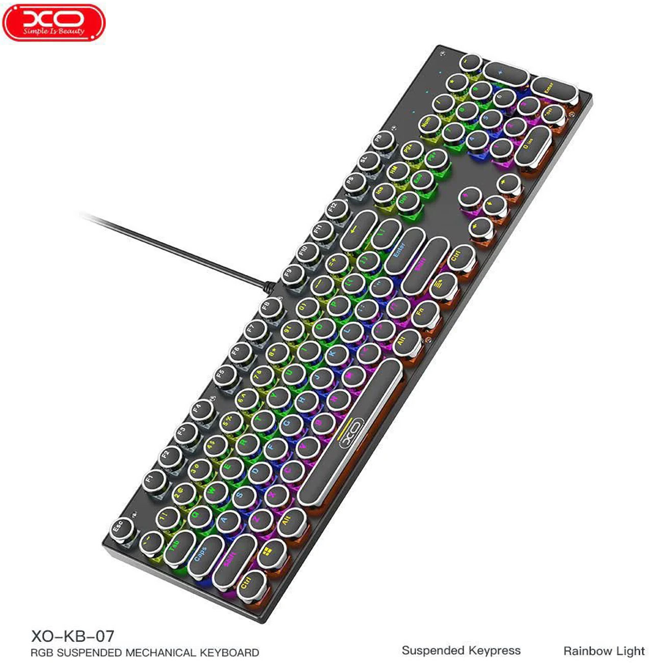 کیبورد سیمی ایکس او XO مدل KB-07 با نورپردازی RGB، سوییچ سبز و 18 افکت نوری، مناسب گیمینگ و تایپ حرفه‌ای با طراحی پَنک و اتصال پایدار USB مناسب روزمره