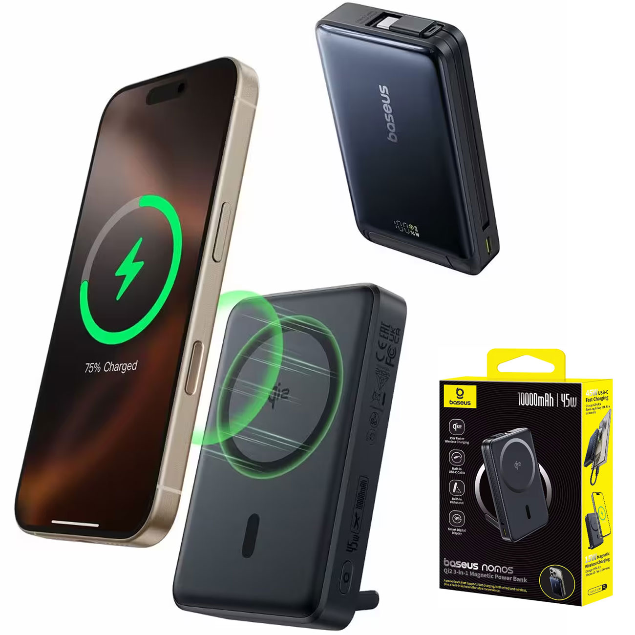 پاوربانک 10000 وایرلس و تایپ‌سی باسئوس BASEUS مدل P10078800123 با ظرفیت 10000mAh، شارژ بی‌سیم 15 وات، خروجی 45 وات و کابل USB-C داخلی، مناسب سفر و استفاده روزمره.