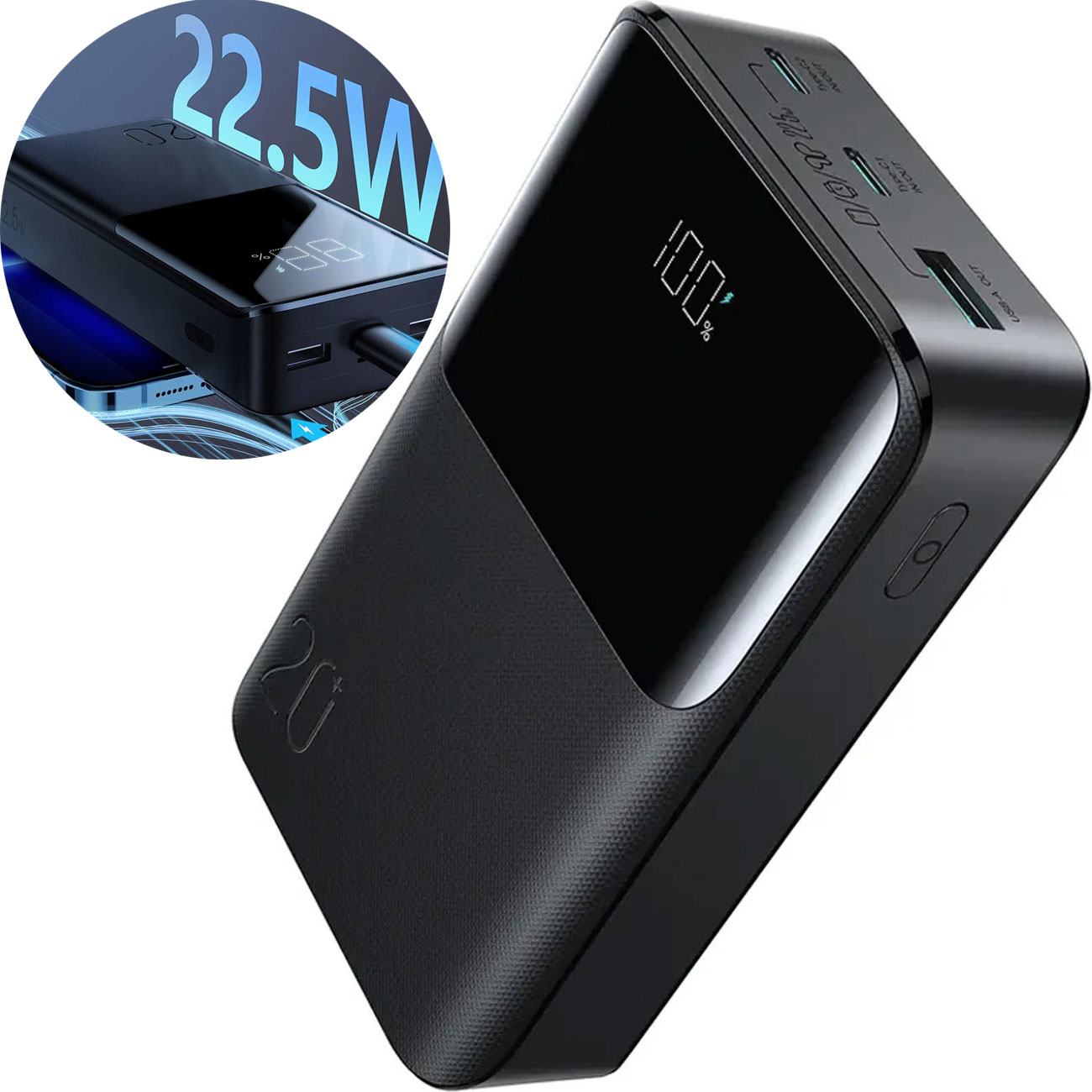 پاوربانک تایپ سی و USB جویروم JOYROOM مدل JR-QP192 با ظرفیت 20000mAh و توان 22.5W، با پشتیبانی PD/QC3.0/AFC برای شارژ سریع موبایل و تبلت، سبک و مناسب سفر و استفاده روزمره