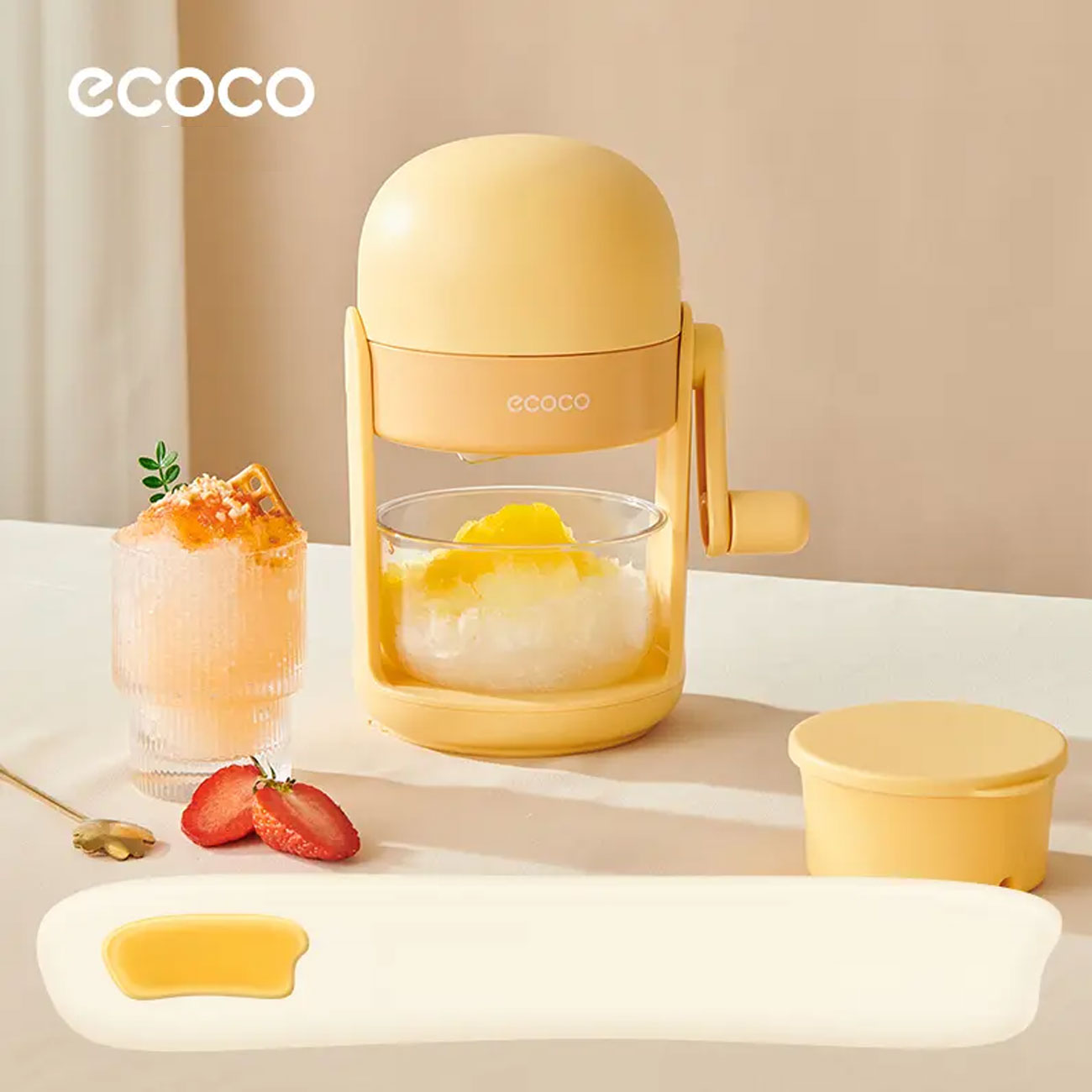 یخ خرد کن اکوکو ECOCO مدل E25032 با تیغه استیل ضدزنگ، طراحی ارگونومیک و بدنه مقاوم مناسب خرد کردن یخ برای نوشیدنی‌ها، اسموتی و دسرهای یخی