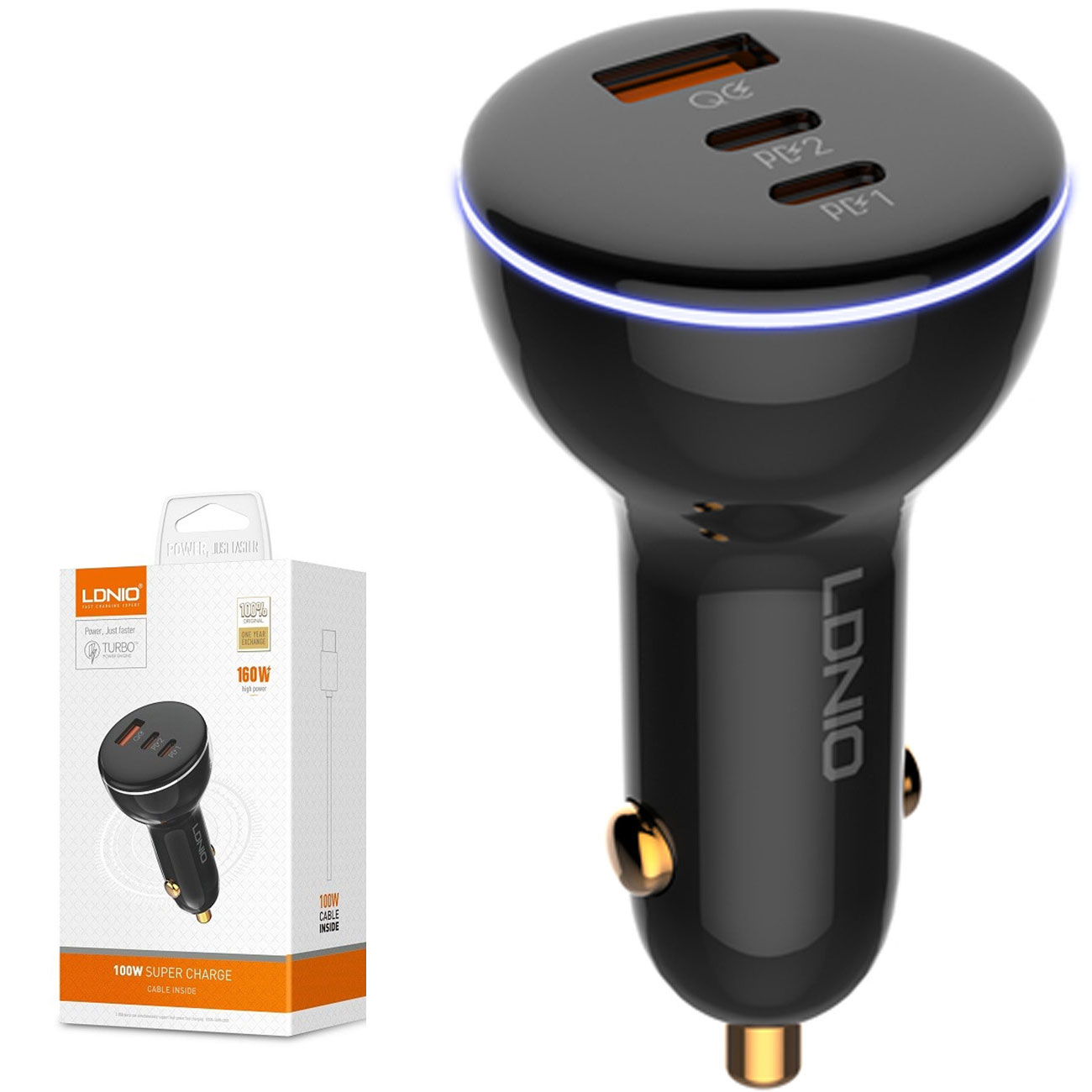 شارژر فندکی فست شارژ الدینیو LDNIO مدل C102 با توان 160 وات، پشتیبانی PD و QC4+، سه پورت خروجی و شارژ سریع مناسب گوشی، تبلت و لپ‌تاپ در خودرو