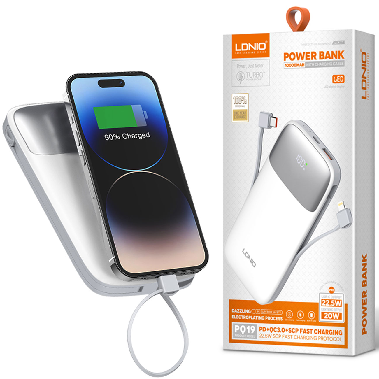 پاوربانک 10000 الدینیو LDNIO مدل PQ19 با شارژ سریع 22.5 وات، کابل داخلی Type-C و Lightning، نمایشگر LCD و طراحی سبک مناسب استفاده روزمره و سفر