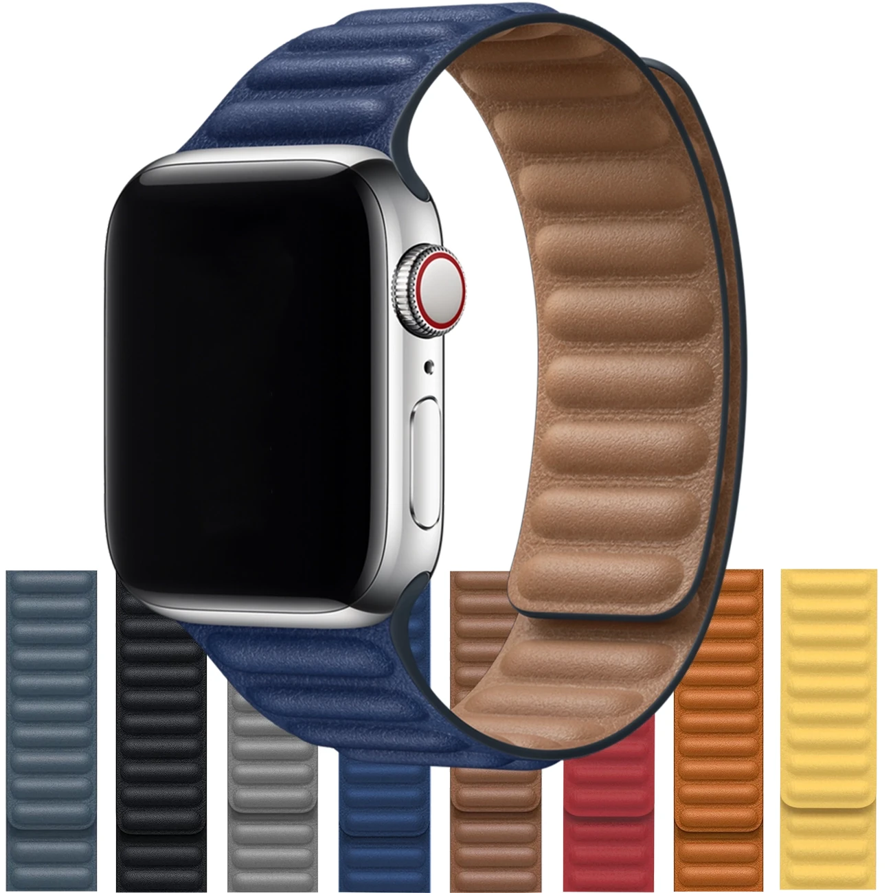 خرید بهترین بند اپل واچ مگنتی چرمی Apple Leather Link سایز 42/44/45/49 با طراحی پف دار دو طرفه، قفل اهنربایی قوی و متریال درجه یک از فروشگاه اینترنتی جانبی.