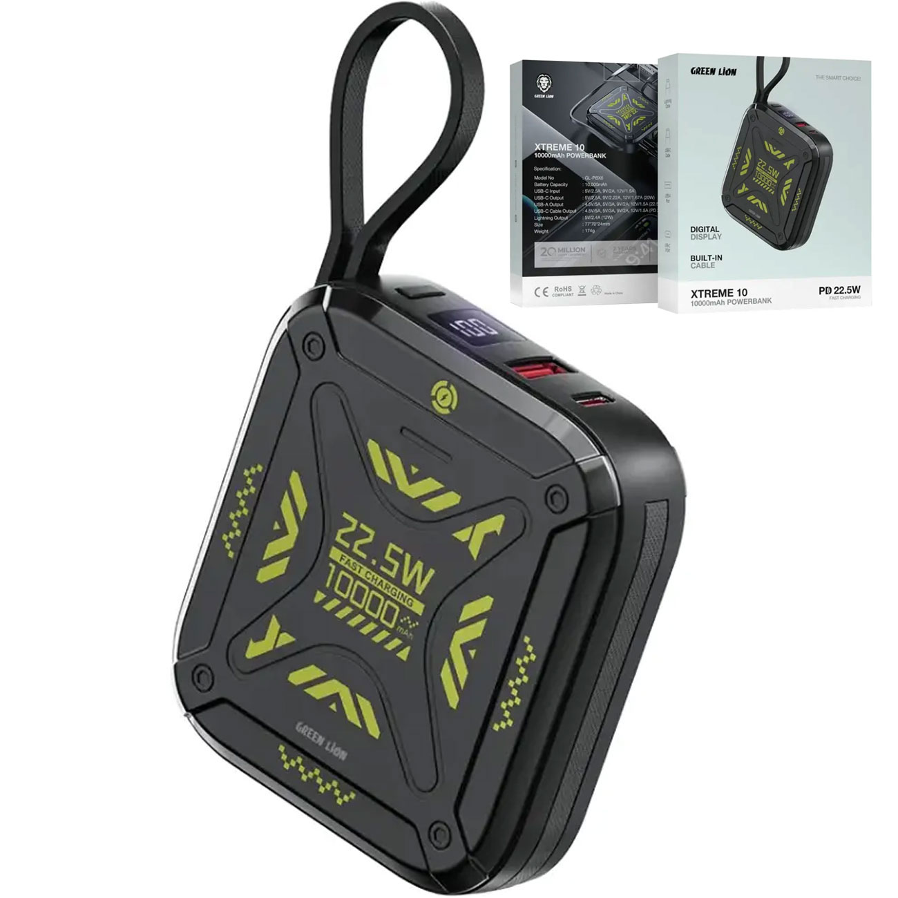 پاور بانک 10000 USB و تایپ سی گرین لاین Green Lion مدل GL-PBX6 با ظرفیت 10000 میلی‌آمپر، شارژ سریع PD 22.5W، کابل‌های داخلی و پورت‌های متنوع مناسب شارژ گوشی و تبلت
