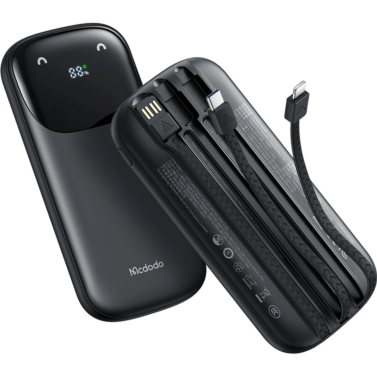 خرید پاور بانک 10000mAh مک دودو Mcdodo MC-8520 با کابل داخلی، شارژ سریع 22.5W (PD/QC)، نمایشگر LED درصد و امکان شارژ همزمان چند دستگاه در سایت جانبی.
