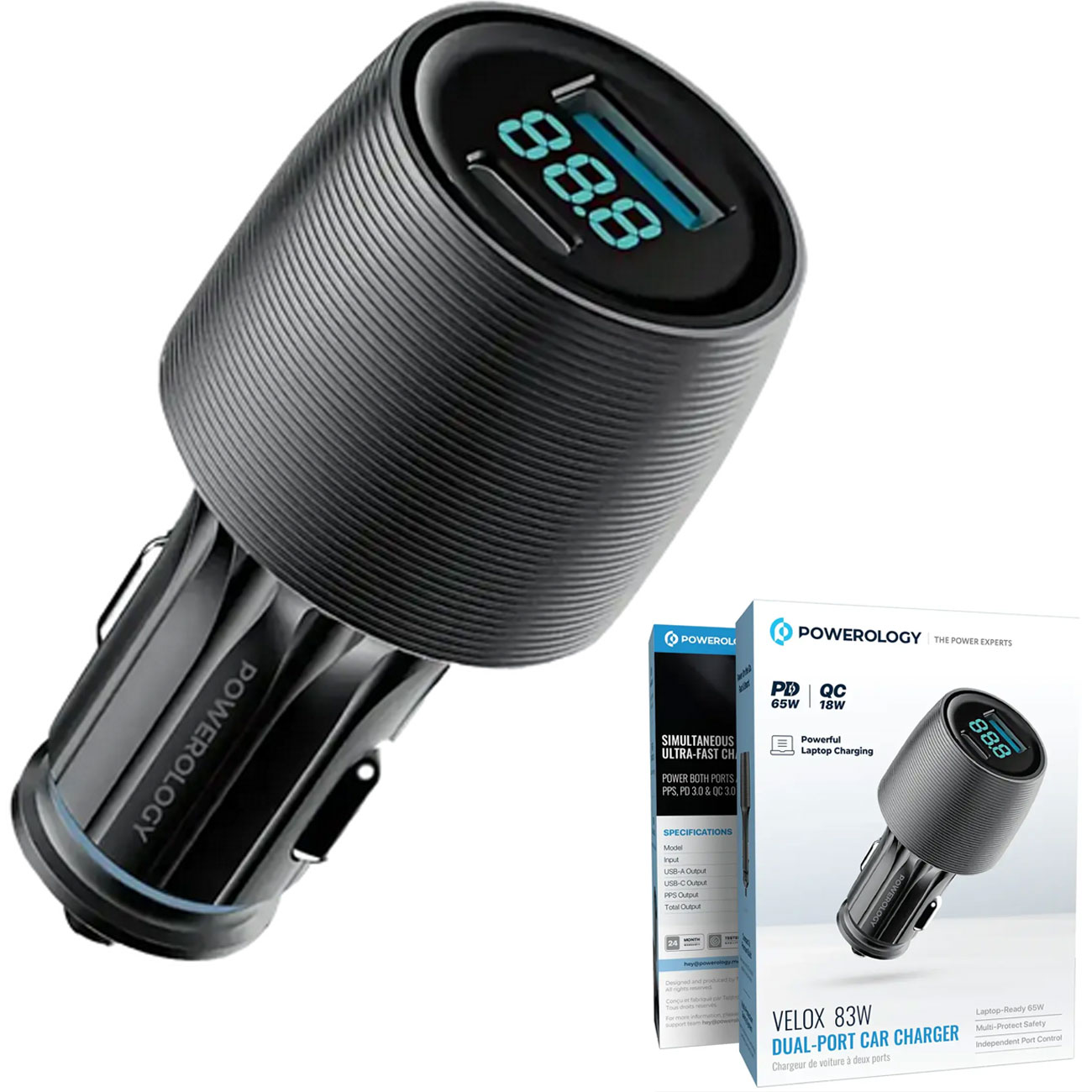 شارژر فندکی پاورولوژی Powerology مدل PCCSR020C با دو پورت USB-C و USB-A، شارژ سریع PD و QC، مناسب لپ تاپ و گوشی با محافظت چندگانه و خروجی قدرتمند.