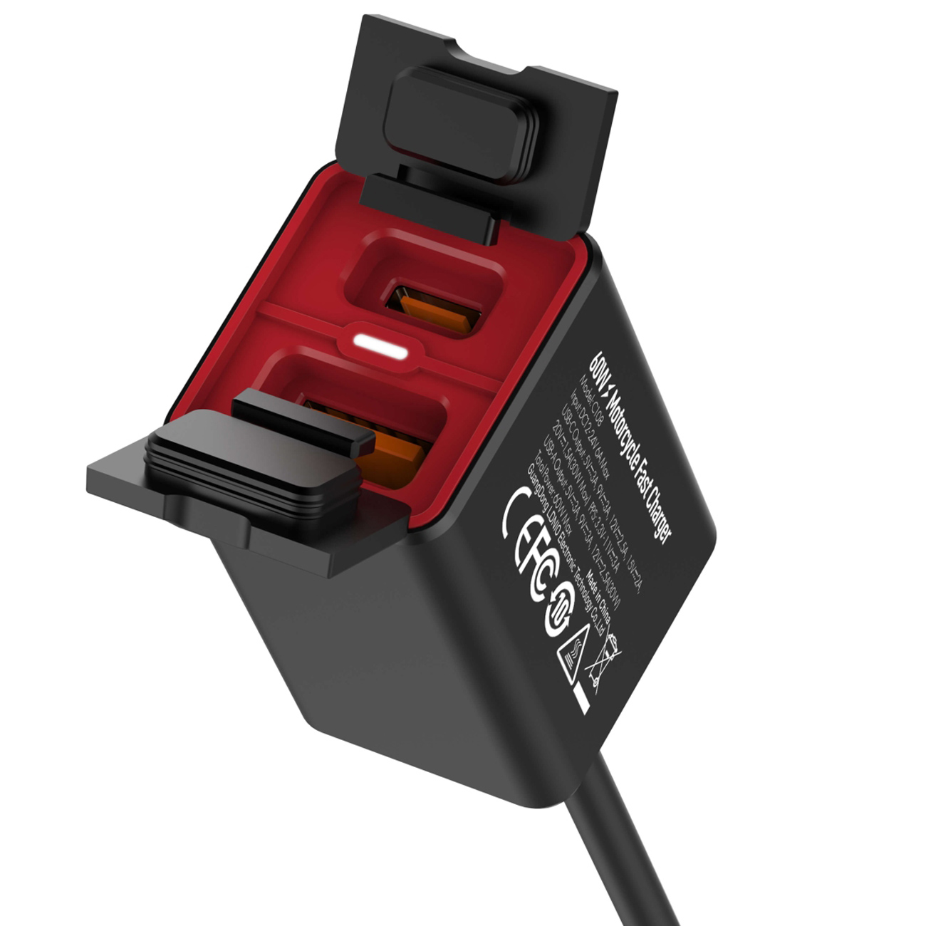 شارژر فندکی 60 وات الدنیو مدل C108 با طراحی ضد آب IPX6، پشتیبانی از PD، QC و PPS، مناسب موتورسیکلت با اتصال مستقیم به باتری، شارژ سریع، مقاوم در برابر لرزش و شرایط سخت.