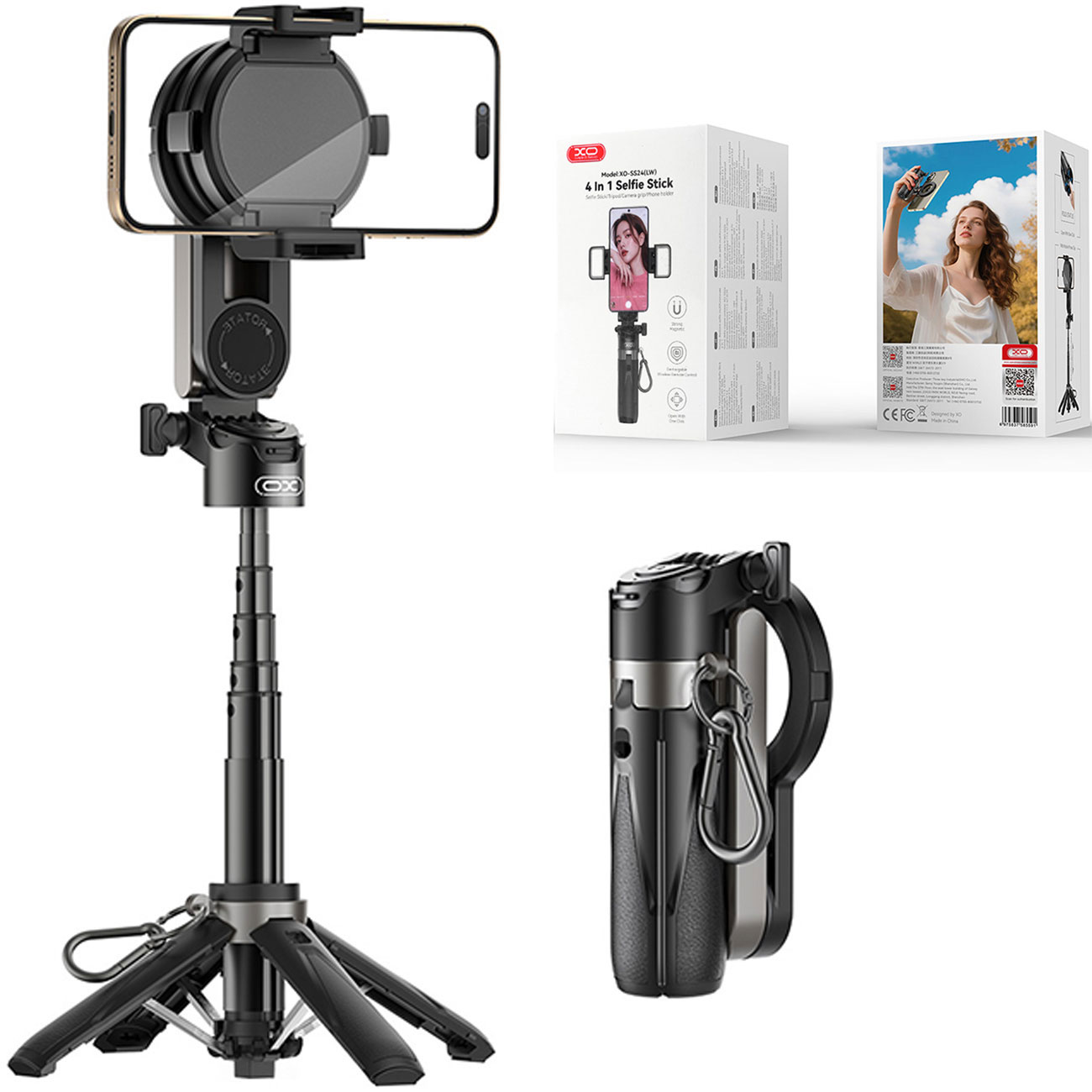مونوپاد و پایه نگهدارنده گوشی موبایل ایکس او XO مدل SS24(LW)‎ با ارتفاع قابل تنظیم، ریموت بلوتوث 5.2، چراغ سلفی سه حالته و بدنه تاشو، مناسب عکاسی، لایو و تولید محتوا