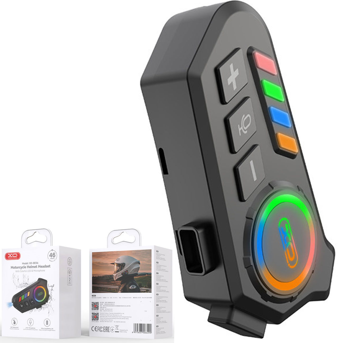 هدست بلوتوثی کلاه ایمنی موتور ایکس او XO مدل BE56 با اتصال پایدار، LED و میکروفون داخلی، مناسب موسیقی و مکالمه با باتری قدرتمند و طراحی مقاوم IP67 و عملکرد حرفه‌ای