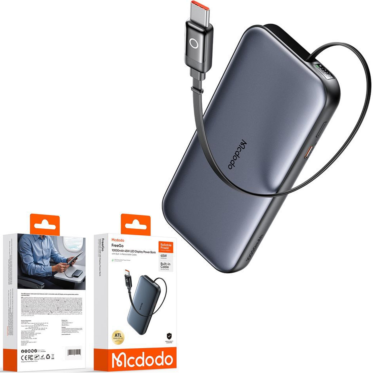پاور بانک 10000 مک دودو MCDODO مدل MC-5920 ظرفیت 10000 میلی آمپر ساعت با شارژ سریع 45 وات، کابل جمع‌شونده و نمایشگر دیجیتال، مناسب استفاده روزمره و سفر.