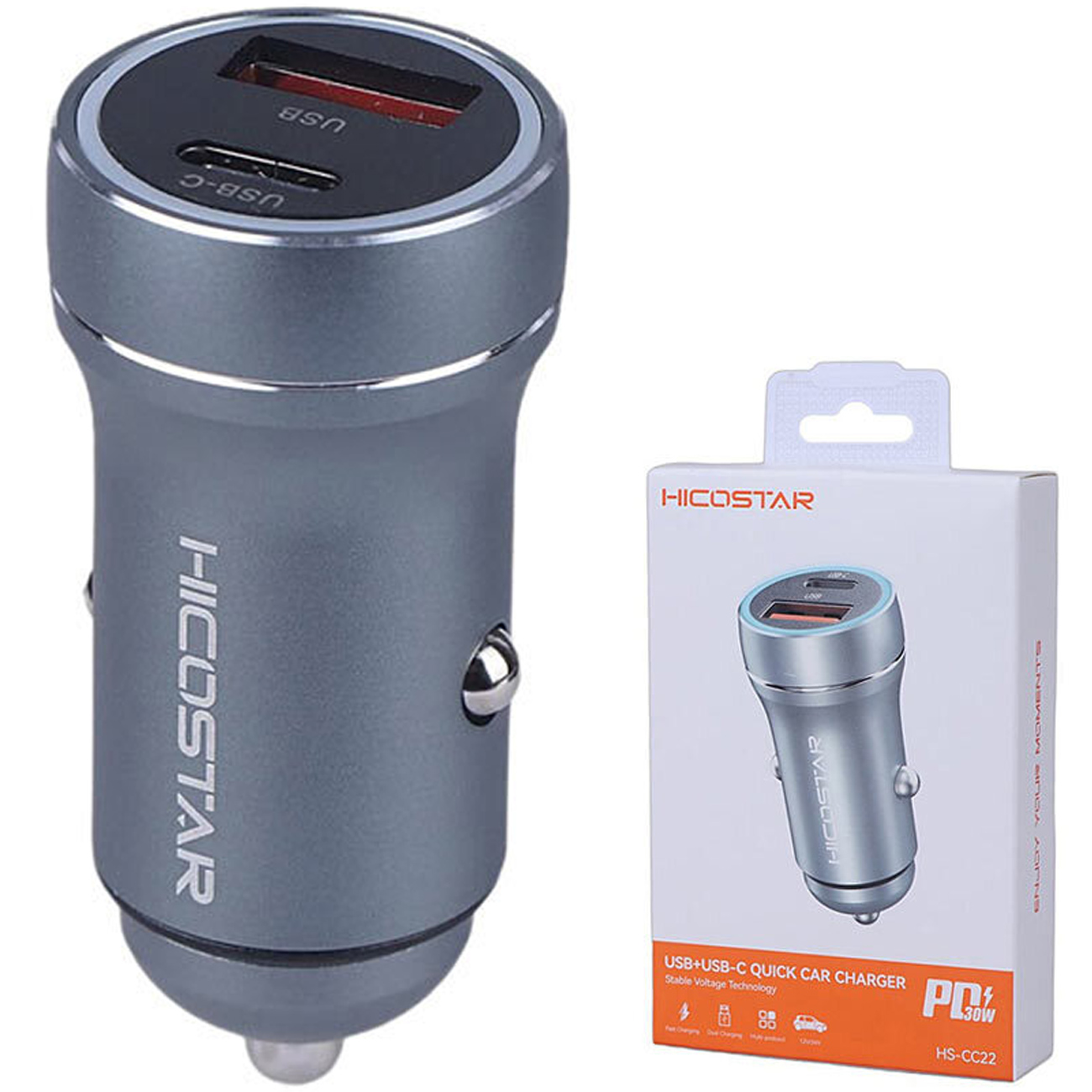 شارژر فندکی فست شارژ هایکو استار HICOSTAR مدل HS-CC22 با توان 30 وات، دو پورت USB-A و USB Type-C، پشتیبانی از PD و QC مناسب شارژ سریع و ایمن در خودرو.