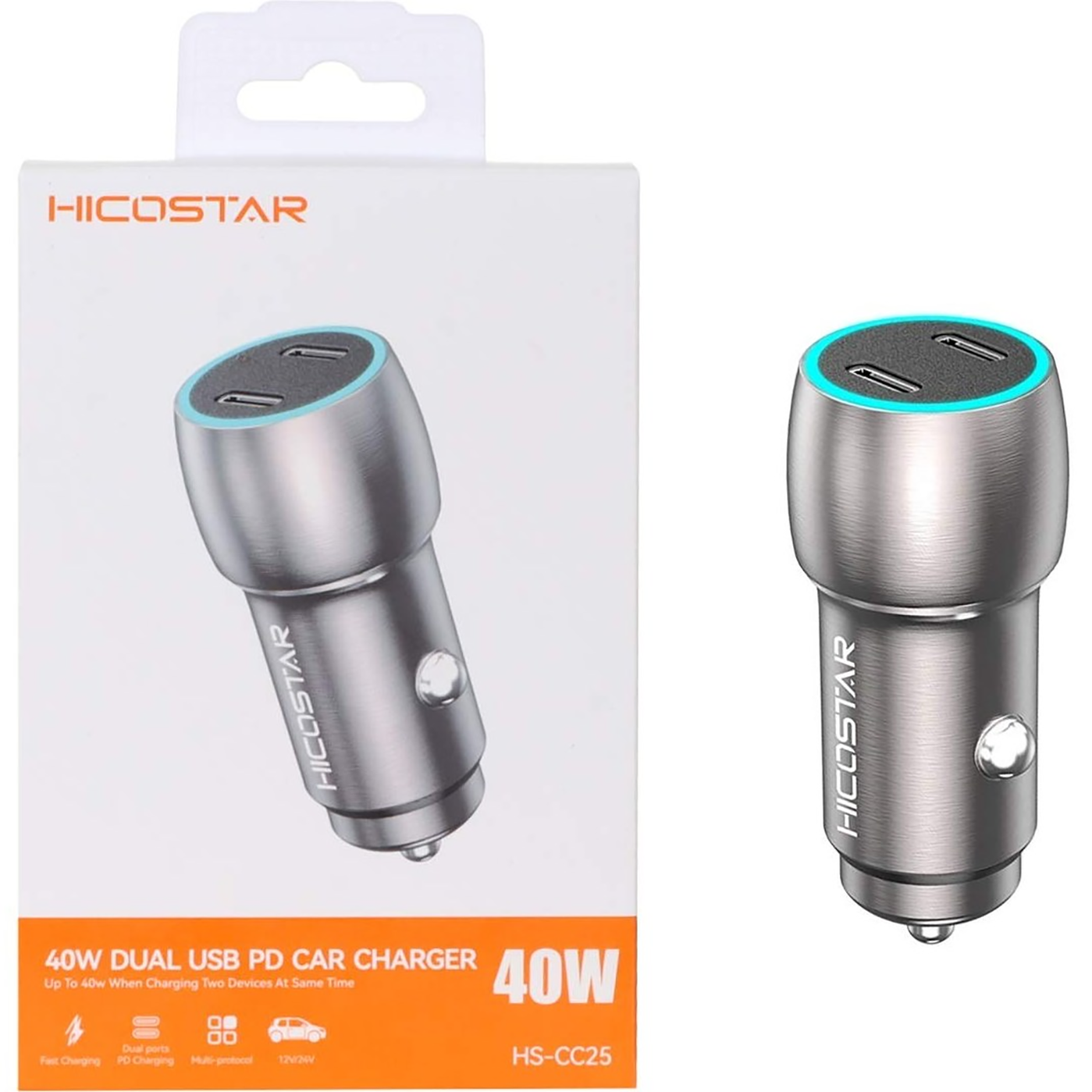 شارژر فندکی تایپ سی هایکواستار مدل HS-CC25 توان 40 وات/ مجهز به دو درگاه‌های تایپ سی/ قابلیت شارژ سریع PD / دارای چراغ LED / ارائه شش سطح از حفاظت ایمنی 