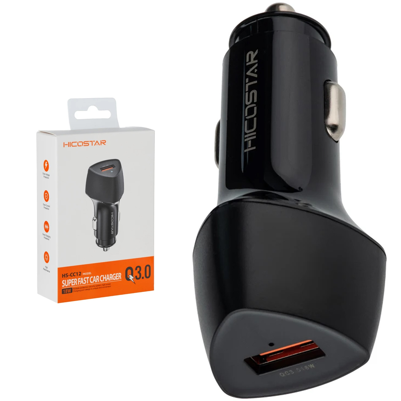 شارژر فندکی فست شارژ هایکو استار HICOSTAR مدل HS-CC12 با توان 18 وات و Quick Charge 3.0، شارژ سریع و ایمن گوشی، تبلت و گجت‌ها در خودرو برای استفاده روزمره و سفر.