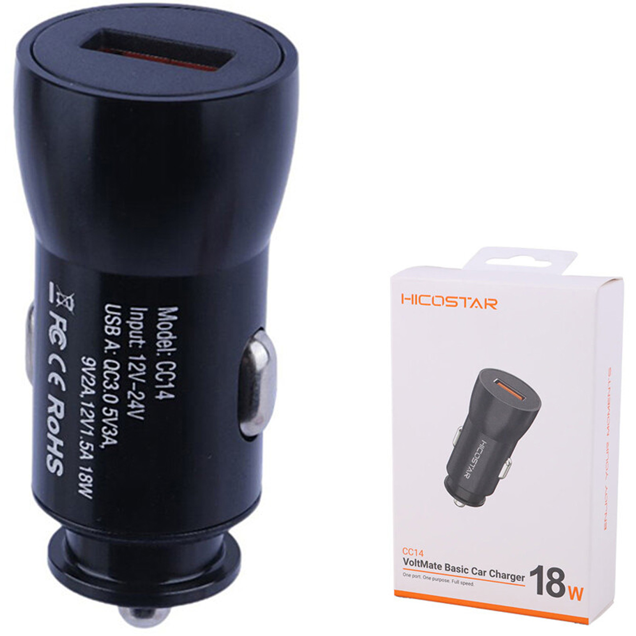 شارژر فندکی فست شارژ هایکو استار HICOSTAR مدل HS-CC14 با پشتیبانی از PD و QC3.0، توان 18 وات، مجهز به یک پورت USB با حداکثر جریان 3 آمپر