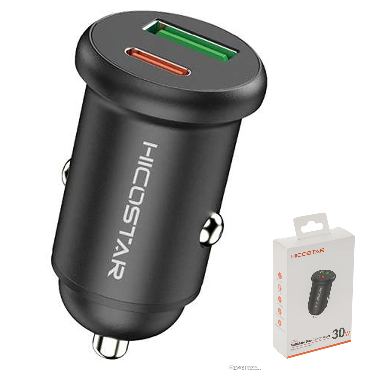 شارژر فندکی هایکو استار HS_CC23 با توان ۳۰ وات، دارای دو درگاه USB و Type-C، شارژ سریع، طراحی جمع‌وجور و محافظت هوشمند برای شارژ ایمن دستگاه‌ها در خودرو.