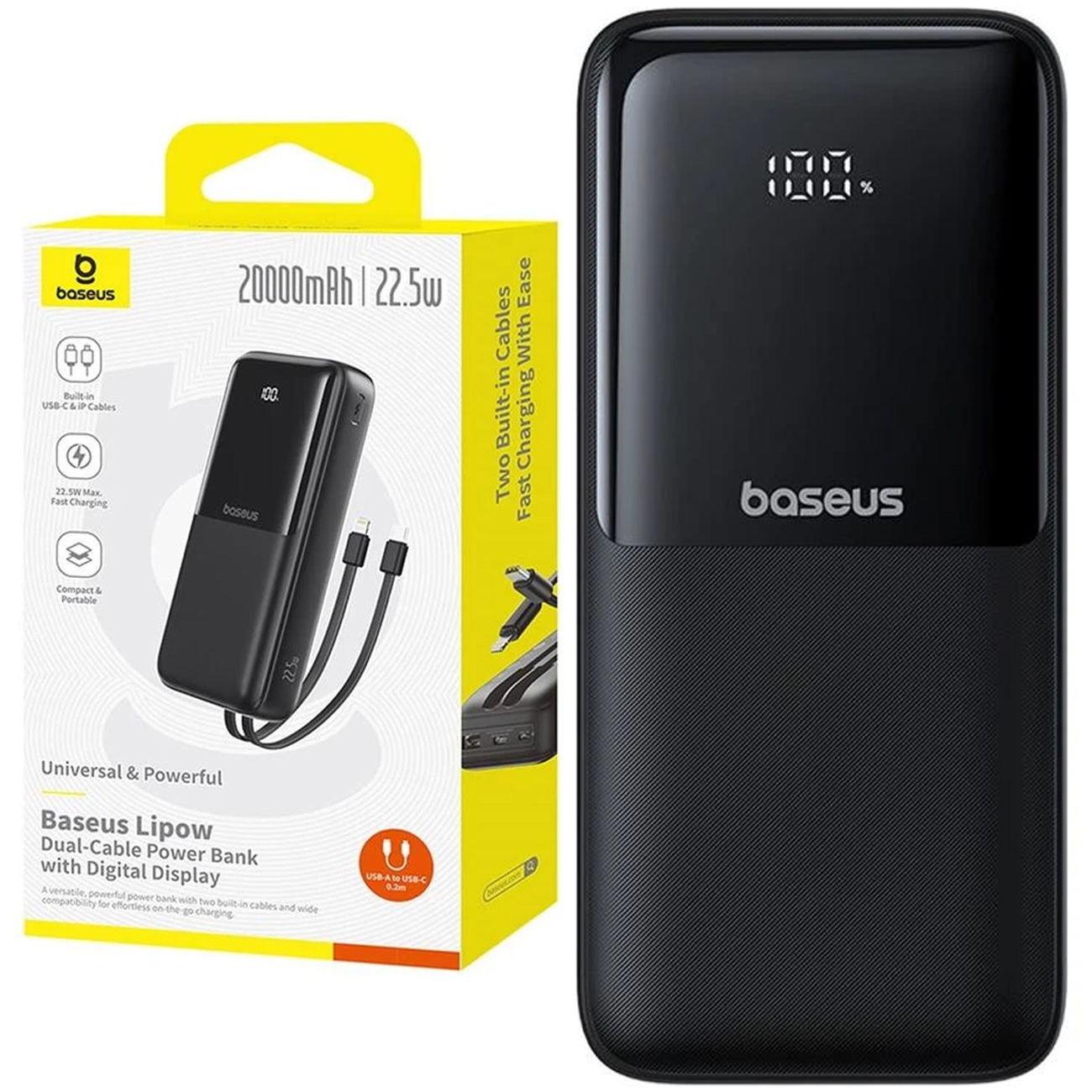 پاوربانک 22.5 وات  بیسوس (BASEUS) مدل  LIPOW PPJP312  با ظرفیت 20000 میلی آمپر، توان 22.5 وات، کابل متصل تایپ سی و لایتنینگ، نمایشگر LED و پشتیبانی PD و QC.