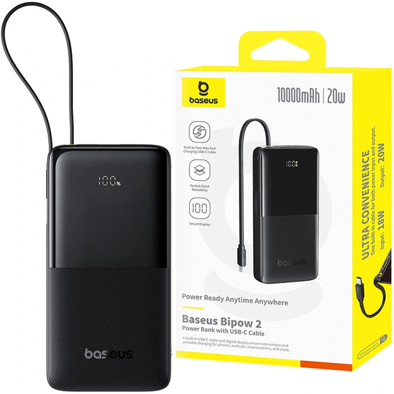 پاوربانک Baseus Bipow 2 با ظرفیت 10000mAh، شارژ سریع 20W، کابل Type-C داخلی و نمایشگر دیجیتال؛ سبک، ایمن و مناسب برای شارژ همزمان چند دستگاه.