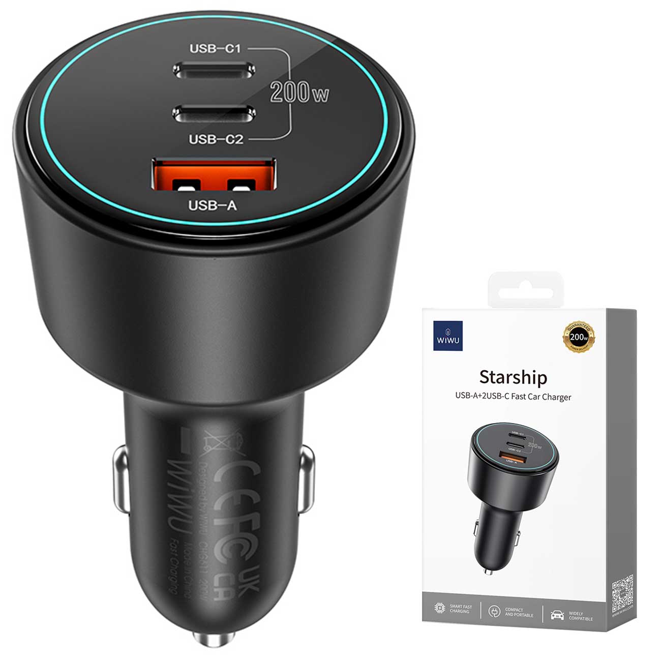 شارژر فندکی Wiwu Wi-QC026 از سری Starship با توان 200 وات و دو پورت تایپ‌سی + USB-A، شارژ سریع، ایمن و همزمان چند دستگاه را فراهم می‌کند. طراحی مدرن و حفاظت‌های پیشرفته، این شارژر را انتخاب اول هر راننده حرفه‌ای کرده است.