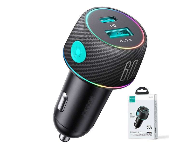 شارژر 60 وات JOYROOM CC-N01، دارای دو درگاه USB A + USB C، J, توان خروجی 60 وات، پشتیبانی از QC 3.0 , PD، ولتاژ ورودی 12/24 ولت.