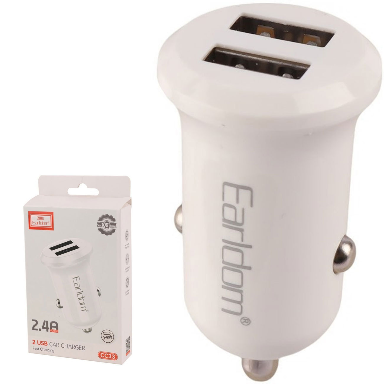 شارژر فندکی ارلدام Earldom مدل ES-CC33 با دو پورت USB، توان 12 وات، دو پورت 2.4 آمپر و شارژ همزمان دو دستگاه مناسب خودرو با بدنه آلومینیومی و محافظت ایمن