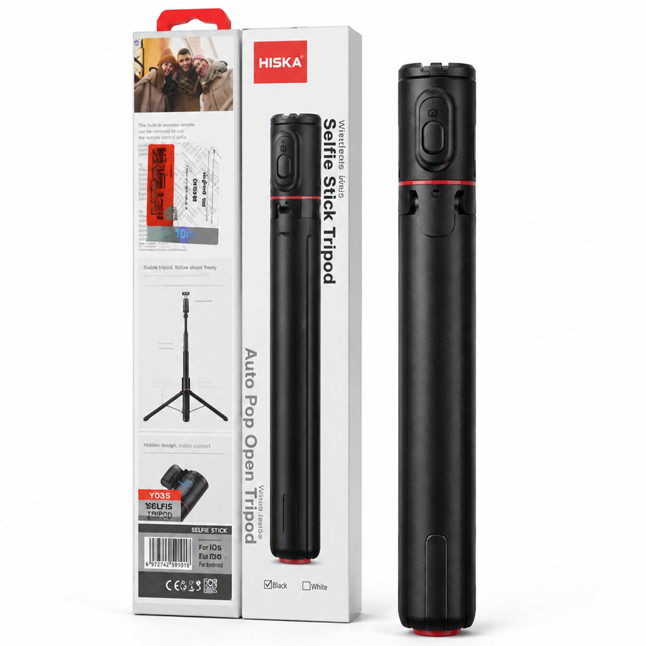 مونوپاد و سه پایه HISKA HR-43 با طراحی مشکی و هولدر گوشی، گزینه ای کاربردی برای عکاسی، فیلم برداری و تولید محتوای روزمره با موبایل.
