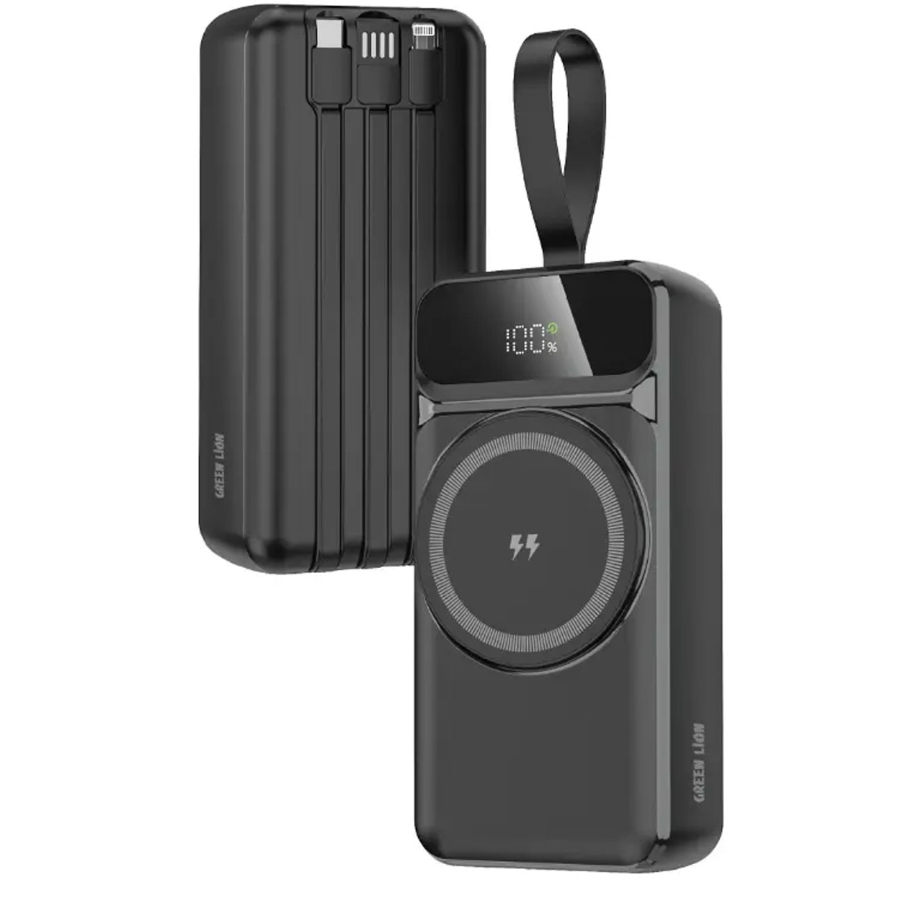 پاوربانک Green Lion GL-PXB4 با ظرفیت 30000mAh، شارژ سریع PD 20W، کابل های داخلی و نمایشگر دیجیتال برای شارژ روزانه گوشی و لوازم همراه.