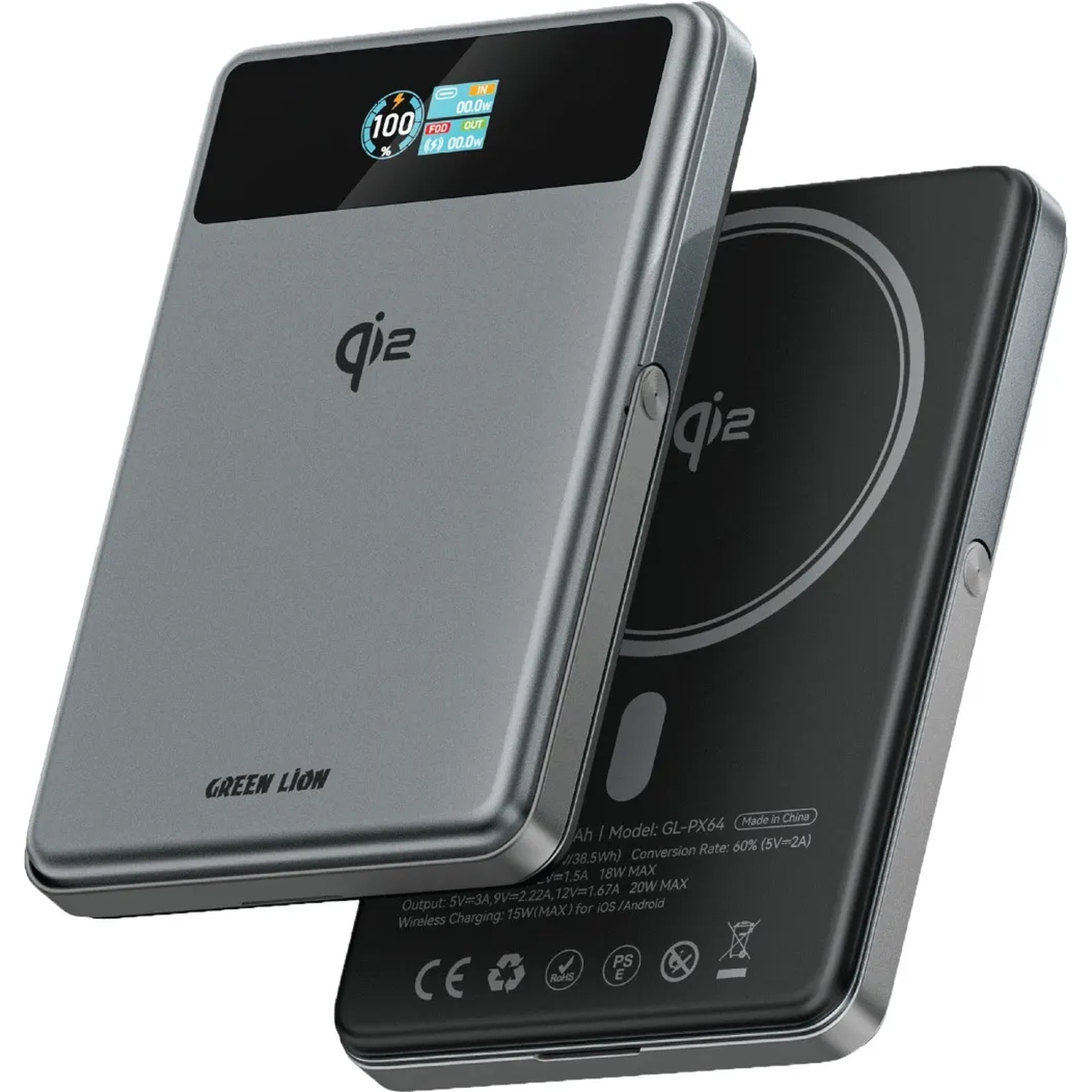 خرید پاور بانک 10000 وایرلس گرین لاین Green Lion مدل GL-PX64 با توان 20W، مجهز به USB-C PD، شارژ بی‌سیم 15W، پایه داخلی و بهترین قیمت در سایت جانبی.