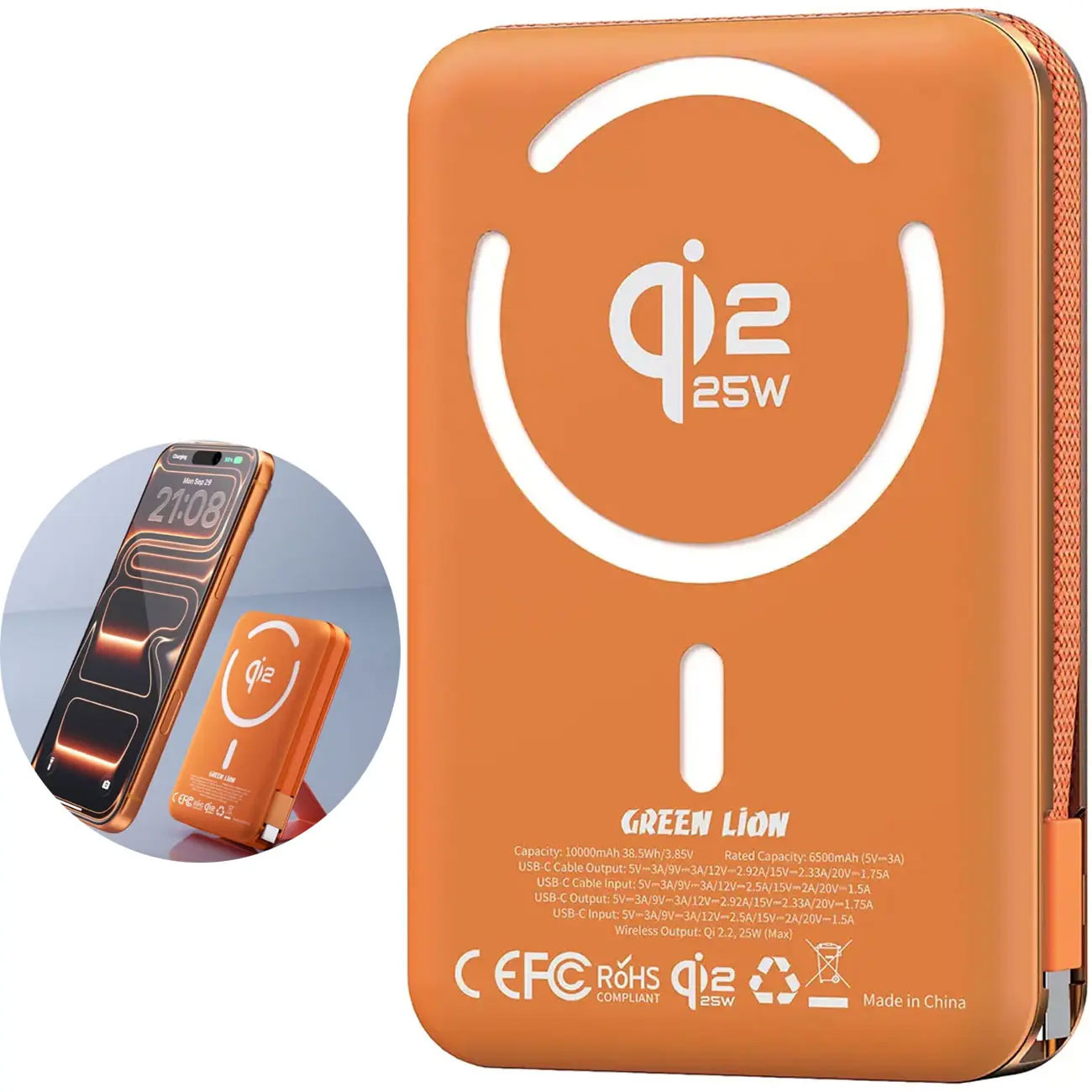 پاور بانک وایرلس گرین لاین Green Lion مدل GL-PX95 با شارژ سریع PD 35W و بی‌سیم MagSafe 25W، باتری نیمه‌جامد، کابل داخلی و استند مناسب سفر و استفاده روزانه