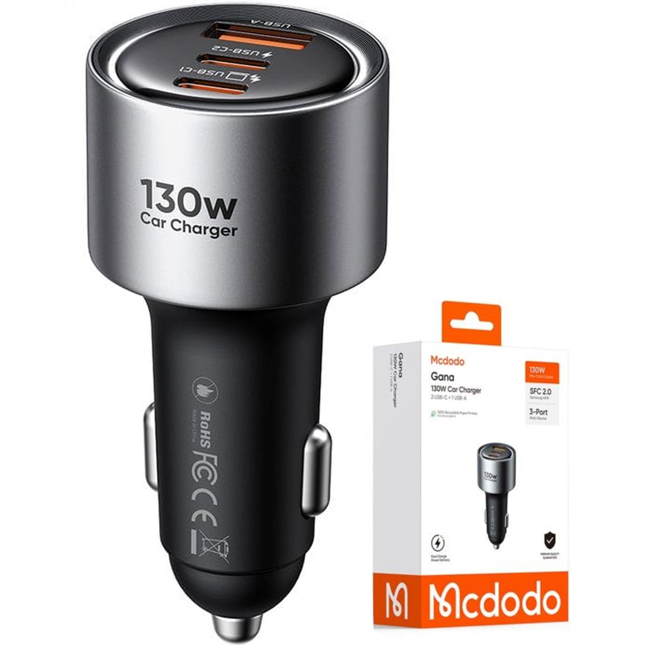 شارژر فندکی فست شارژ ماشین  مک دودو CC-3190 با توان 130 وات، سه پورت USB و Type-C، پشتیبانی PD3.0 و QC3.0 مناسب شارژ سریع همزمان گوشی و لپ تاپ در خودرو.