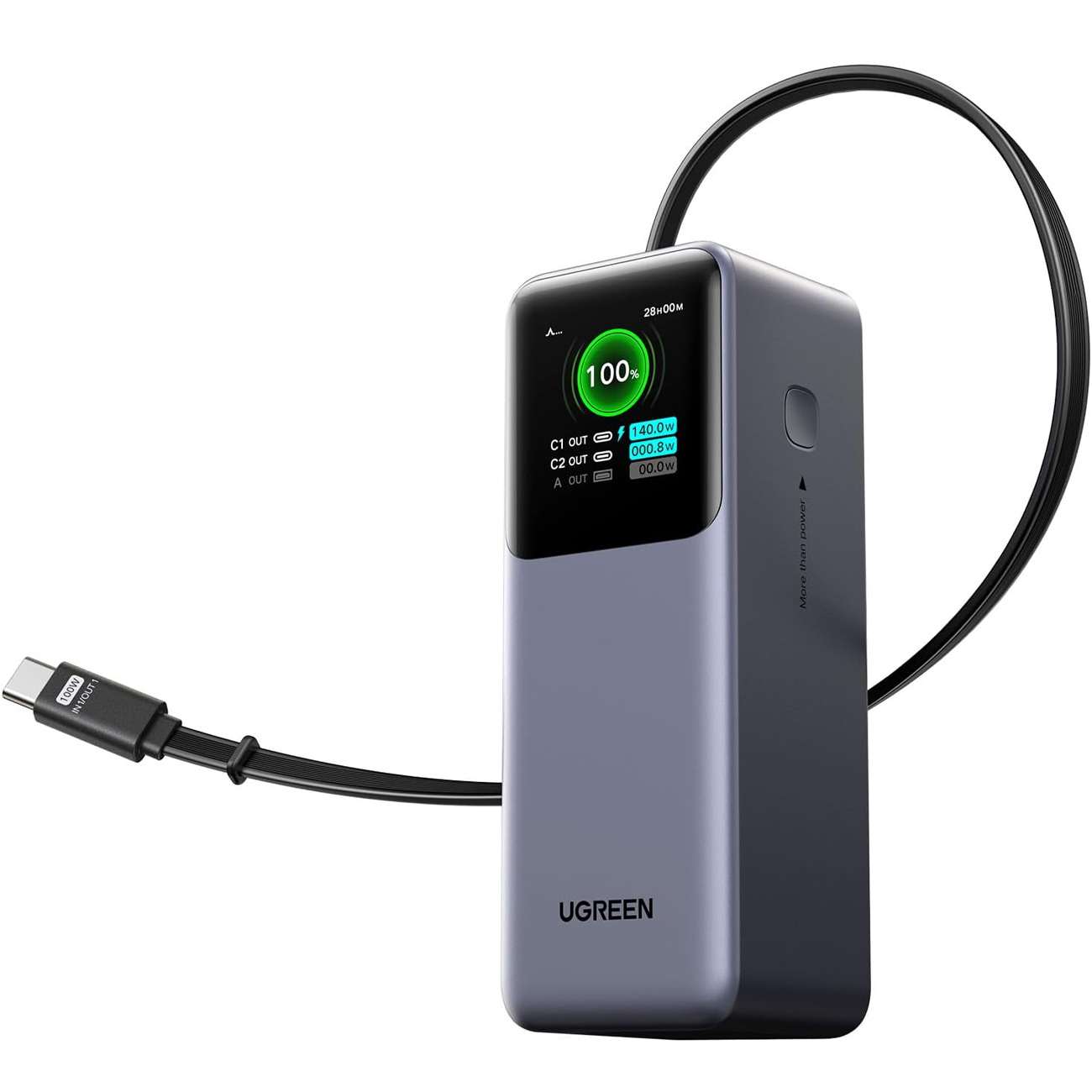 پاور بانک 20000 یوگرین UGREEN مدل PB726 با توان 165W، شارژ سریع 100W، کابل جمع شونده USB-C، نمایشگر هوشمند و شارژ همزمان 3 دستگاه مناسب لپ تاپ و موبایل است.