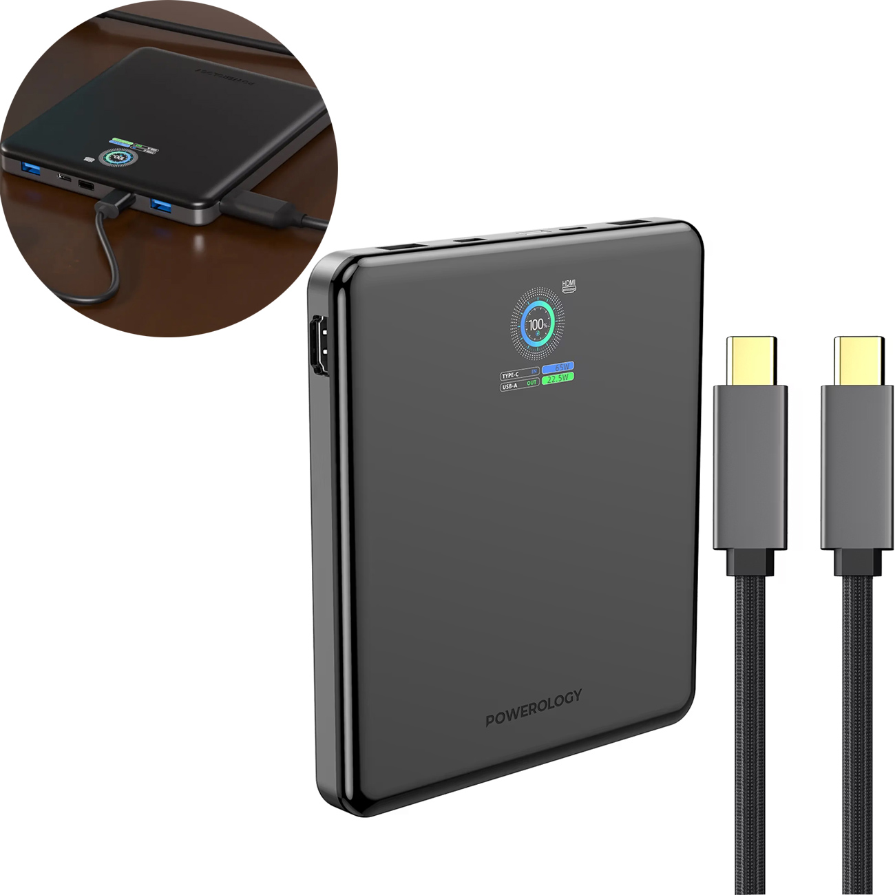 پاور بانک 20000 پاورولوژی مدل PPBCHA89BK با خروجی 100 وات، HDMI 4K، نمایشگر هوشمند و شارژ سریع، مناسب شارژ گوشی، تبلت و لپ‌تاپ‌های مختلف در هر مکان است.