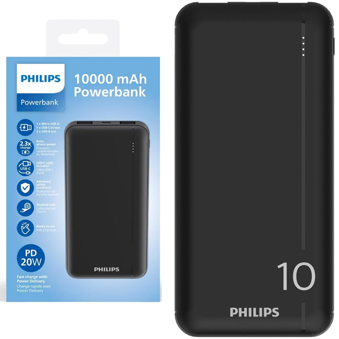 پاور بانک فیلیپس PHILIPS مدل DLP1812PB با ظرفیت 10000 میلی آمپر ساعت، شارژ سریع 20 وات PD و QC3.0، باریک و قابل حمل مناسب گوشی، تبلت و گجت‌های روزمره.