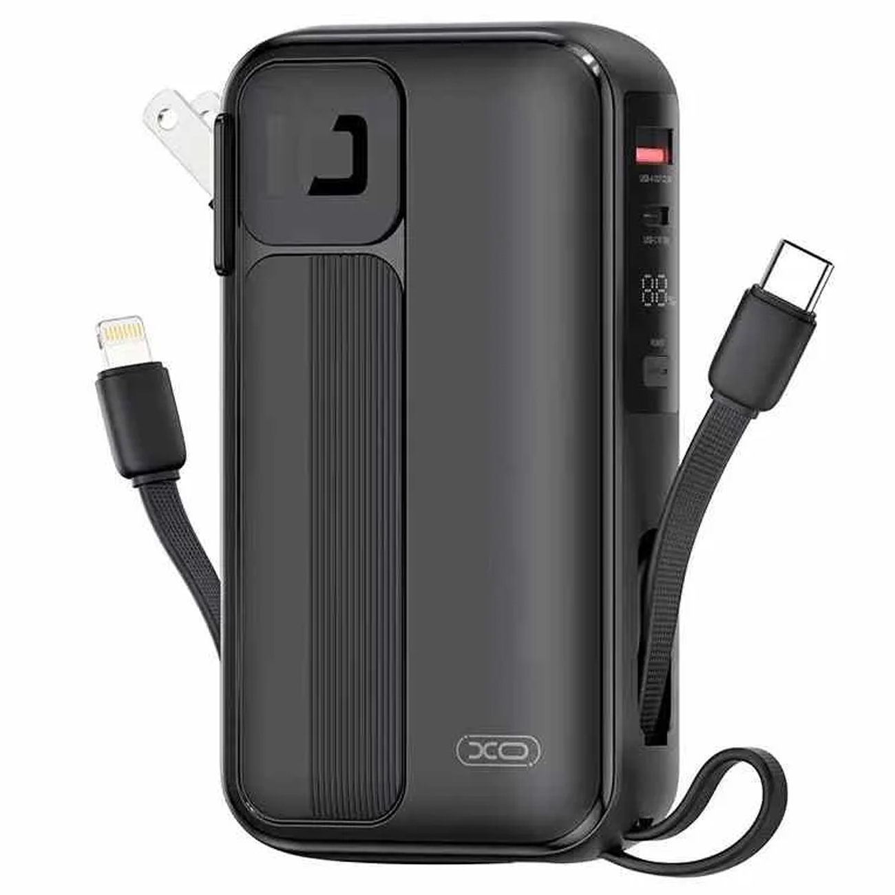 پاوربانک XO PR259 با ظرفیت 10000mAh و دو کابل داخلی Type-C و Lightning, پشتیبانی از PD3.0 و QC3.0 تا 22.5W, نمایشگر LED دیجیتال, طراحی مقاوم ABS+PC, وزن 237 گرم, ایده‌آل برای شارژ سریع آیفون و اندروید.