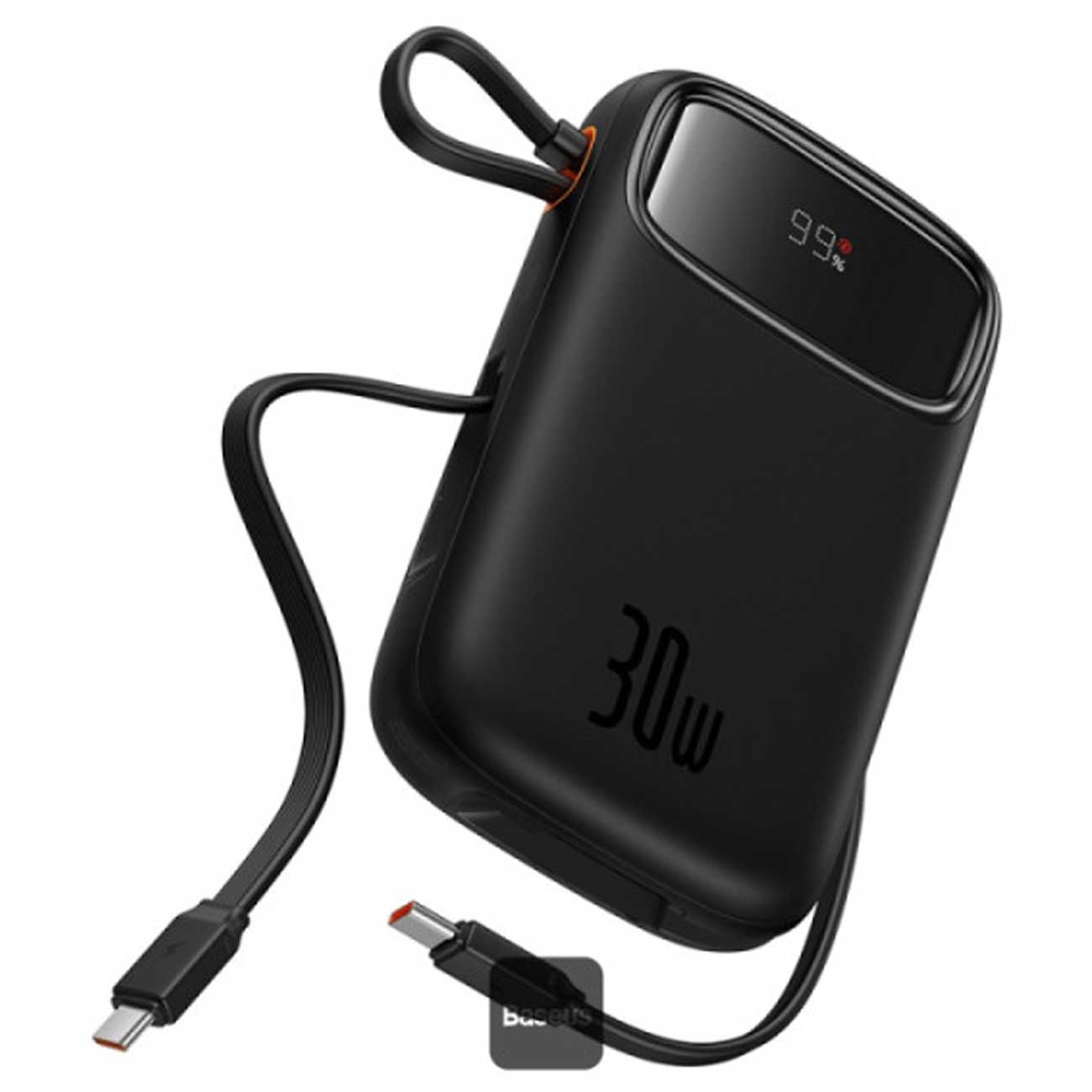 پاوربانک Baseus QPow2 با ظرفیت 10000mAh و شارژ سریع 30 وات، مجهز به نمایشگر دیجیتال و کابل‌های Type-C داخلی برای شارژ همزمان چند دستگاه، ایمنی کامل و طراحی مقاوم.