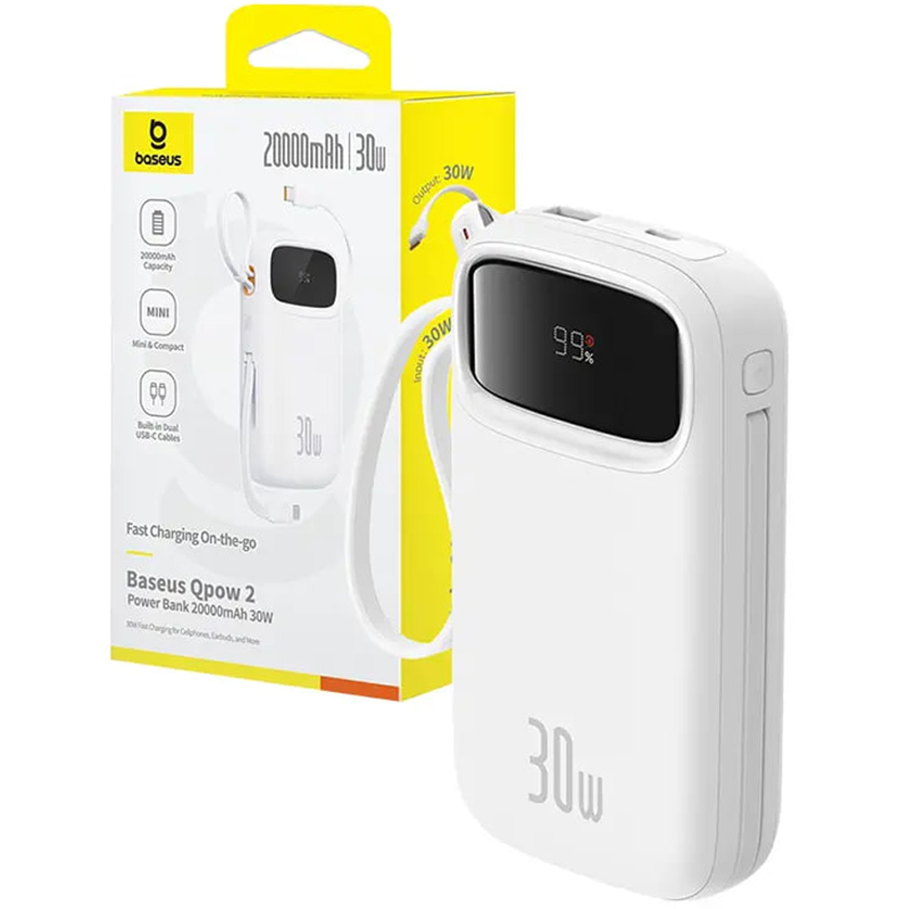 پاوربانک Baseus QPow2 با ظرفیت 20000mAh و شارژ سریع 30 وات، مجهز به نمایشگر دیجیتال و کابل‌های Type-C داخلی برای شارژ همزمان چند دستگاه، ایمنی کامل و طراحی مقاوم.