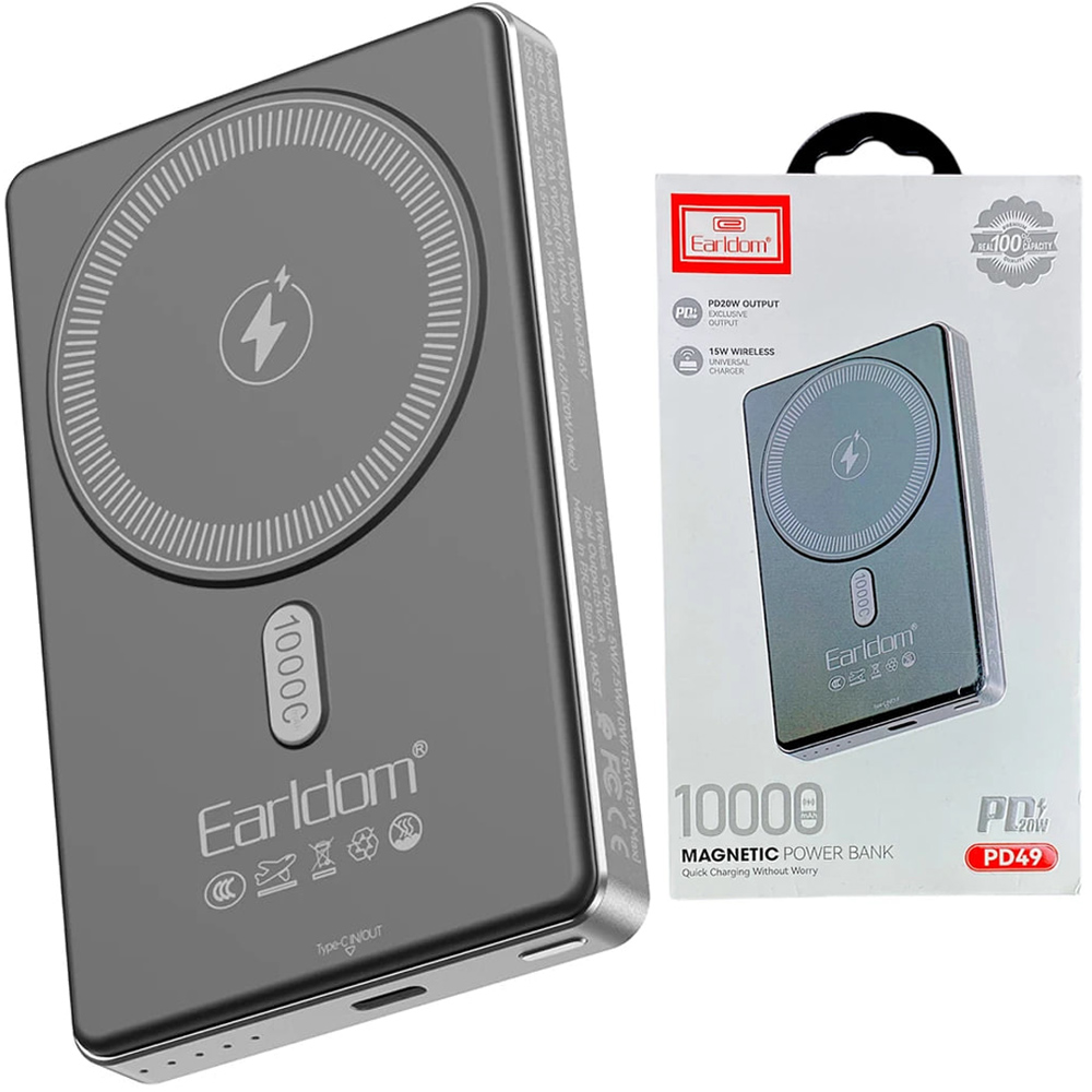 پاوربانک Earldom PD49 با ظرفیت 10000mAh، شارژ سریع 20W و بی‌سیم 15W، منبع انرژی مطمئن و جمع‌وجور برای گوشی و گجت‌های شما.