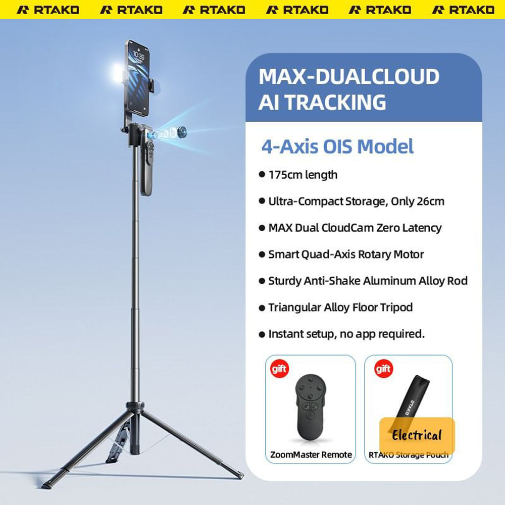 مونوپاد و سه‌پایه Rtako AI-M18 با ردیابی هوشمند 360 درجه، لرزشگیر 4 محوره و مکانیزم O-Lock؛ مناسب برای عکاسی، فیلم‌برداری و تولید محتوا.
