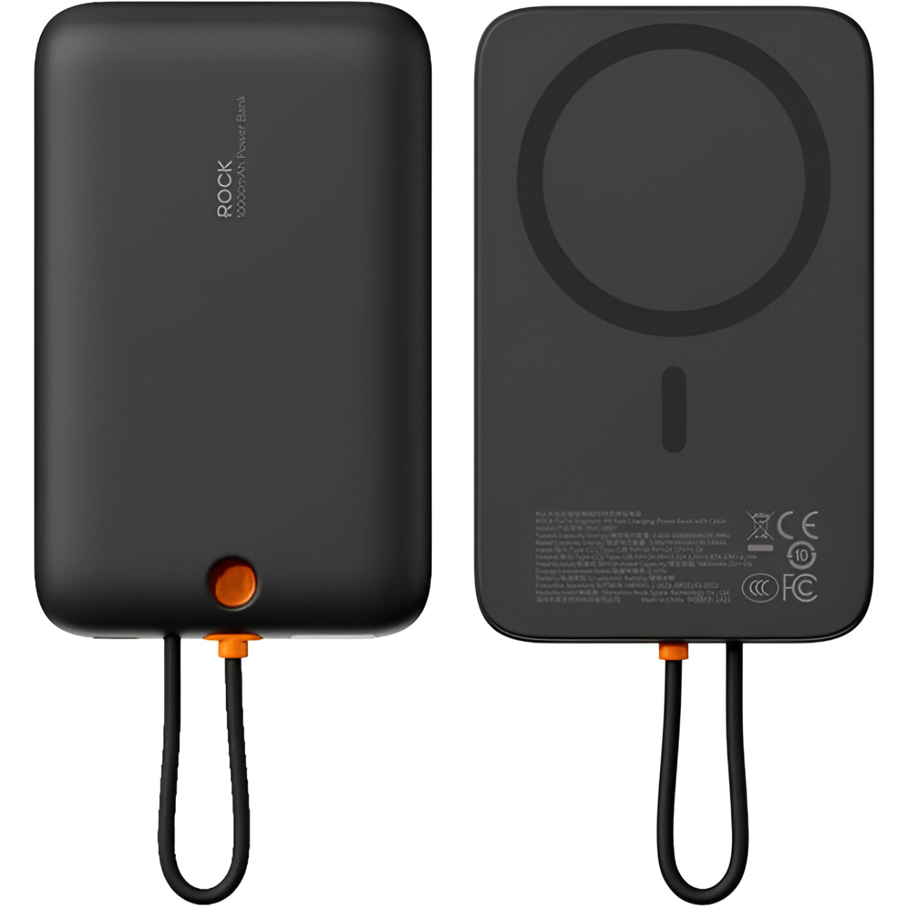 پاوربانک جیبی راک مدل RWC8897 با ظرفیت 10000mAh، شارژ سریع 22.5 وات، کابل داخلی تایپ‌سی، پورت تایپ‌سی و اتصال مغناطیسی به گوشی؛ مناسب آیفون، هوآوی، ایمن، سبک و همراه ایده‌آل برای سفر و استفاده روزانه.