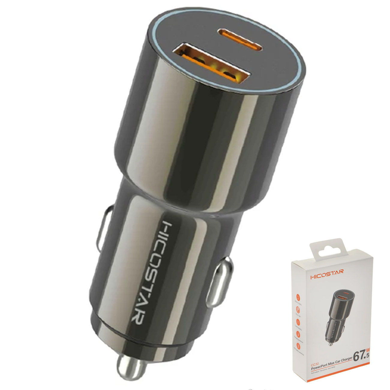 شارژر فندکی هایکواستار HICOSTAR مدل HS‑CC32 با طراحی جمع و جور و مقام،دو پورت تایپ سی و USB، توان 67.5 وات، مناسب شارژ سریع و همزمان گوشی و تبلت در خودرو.